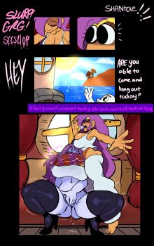 1futa 1girl ^_^ absurdres ass black_legwear blue_sky blush breasts closed_eyes cloud cloudy_sky embarrassed english_text futa_with_female futanari high_heels highres huge_penis implied_fellatio large_breasts lemonadepikachu lipstick_mark lipstick_mark_on_penis long_hair looking_at_viewer masturbation penis purple_hair pussy pussy_juice risky_boots saliva shantae shantae_(series) sky sun trembling vaginal veins veiny_penis