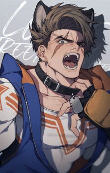 Rule 34 | 1boy, absurdres, animal ears, arm up, belt buckle, belt collar, black collar, blue eyes, blue hoodie, brown hair, buckle, claws, collar, collarbone, commentary request, dog tags, fangs, fingerless gloves, forked eyebrows, gloves, grey background, highres, hood, hood down, hoodie, kemonomimi mode, luke sullivan, male focus, mma gloves, open mouth, prat rat, print shirt, shirt, short sideburns, sleeveless, sleeveless hoodie, solo, street fighter, street fighter 6, t-shirt, teeth, tongue, unzipped, upper body, wolf boy, wolf ears