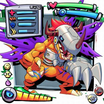 Rule 34 | blue eyes, cyborg, digimon, digimon (creature), digimon world, dinosaur, gameplay mechanics, health bar, highres, lbrightbladel, mechanical arms, metalgreymon, multiple wings, no humans, purple wings, red hair, sharp teeth, short hair, single mechanical arm, solo, teeth, torn wings, wings