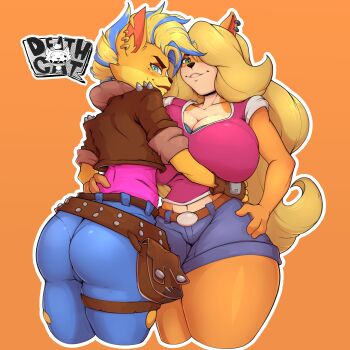 2021 2girls absurdres animal_ear_fluff animal_ears animal_nose aqua_eyes artist_logo ass asymmetrical_docking belt belt_pouch blonde_hair blue_bra blue_hair bra breast_press breasts brown_jacket cleavage collarbone commentary comparison cowboy_shot crash_bandicoot_(series) crash_bandicoot_4:_it's_about_time cropped_jacket denim english_commentary eyeshadow fingerless_gloves from_behind furry furry_female gloves hair_over_one_eye hand_on_another's_waist hands_on_another's_hips highres hug huge_ass jacket jeans large_breasts logo long_ears long_hair looking_at_viewer makeup midriff mohawk mole mole_under_eye mrdeathcat multicolored_hair multiple_girls navel orange_background padded_gloves pants parted_lips pouch purple_shirt shirt short_hair short_shorts short_sleeves shorts simple_background size_difference smile standing tawna_bandicoot tawna_bandicoot_(it's_about_time) teeth thick_thighs thigh_strap thighs torn_clothes torn_pants two-tone_hair underwear very_long_hair wide_hips