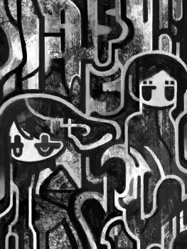 Rule 34 | 2girls, abstract, abstract background, black outline, cubism, geometric pattern, greyscale, highres, long hair, looking at another, monochrome, multiple girls, original, outline, ran89 634no, very long hair, white outline