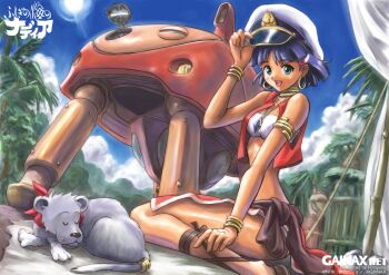 1girl :d adjusting_clothes adjusting_headwear armlet artist_name bad_id bamboo bandana bandeau belt blue_gemstone blue_sky blunt_ends blush bob_cut bracelet breasts brown_belt brown_sandals brown_sash cloud copyright_name cross-laced_sandals cumulonimbus_cloud curled_up dark-skinned_female dark_skin day earrings forest from_side fushigi_no_umi_no_nadia gem gold_bracelet gold_earrings green_eyes hair_ornament hairclip hand_on_own_leg hand_up hat hiroyasu hoop_earrings jewelry king_(nadia) kneeling lion loincloth looking_at_viewer looking_to_the_side machine mecha midriff military_vehicle motor_vehicle nadia_la_arwall nature neck_ring necklace non-web_source official_art open_mouth outdoors palm_tree panties pantyshot peaked_cap pelvic_curtain pendant purple_hair red_bandana red_skirt robot rope sandals shiny_skin short_hair skirt sky sleeping small_breasts smile solo strapless sun tail tail_ornament tail_ring tank teeth translated tree tube_top underwear upper_teeth_only vest white_bandeau white_hat white_panties white_trim