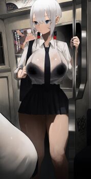 1girl :/ absurdres bare_legs black_bra black_nails black_necktie blue_eyes bob_cut bra bra_visible_through_clothes breasts collared_shirt earrings elena_(hazuki_kazue) eyelashes eyeliner facing_viewer full_nelson hair_between_eyes hazuki_kazue highres huge_breasts inverted_bob jewelry looking_to_the_side makeup microskirt necktie original pleated_skirt pointy_ears poster_(object) raised_eyebrows shirt shirt_tucked_in short_hair sidelocks skirt slit_pupils solo subway thighs translation_request underwear white_hair white_shirt