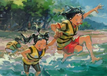 1boy 2girls arm_up black_hair blue_sky commentary full_body goggles holding_hands jumping life_vest loveariddle multiple_girls ocean open_mouth original people red_shorts shorts sky slice_of_life smile squatting symbol-only_commentary teeth twintails upper_teeth_only