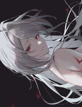 1girl absurdres acheron_(honkai:_star_rail) acheron_(slashed_dream)_(honkai:_star_rail) alternate_form black_background bright_pupils colored_extremities eyelashes hair_between_eyes hair_intakes highres honkai:_star_rail honkai_(series) klq_gm long_hair looking_at_viewer looking_back official_alternate_eye_color official_alternate_hair_color red_eyes shadow smile symbol-shaped_pupils upper_body white_hair