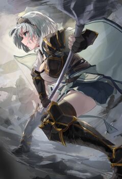 1girl absurdres armor armored_dress battle battlefield belt black_gloves black_thighhighs breasts brown_belt chest_guard closed_mouth commentary_request dress fighting_stance fingerless_gloves from_side gloves green_eyes highres holding holding_mace holding_weapon hololive large_breasts leather_belt mace outdoors pauldrons pleated_dress shirogane_noel shirogane_noel_(1st_costume) short_dress short_hair shoulder_armor single_pauldron smile solo_focus tabard thighhighs toake_(user_affe3424) vambraces virtual_youtuber weapon