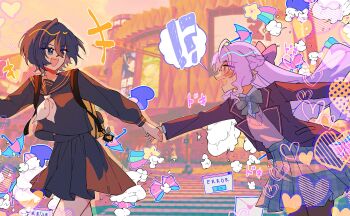 Rule 34 | !?, +++, 2girls, absurdres, alternate costume, bag, belle (zenless zone zero), blue hair, blue jacket, blue serafuku, blush, bow, bowtie, brown sweater vest, commentary, drill hair, drill sidelocks, from side, green bow, green bowtie, green eyes, green skirt, heart, highres, holding hands, jacket, long hair, looking at another, multiple girls, neckerchief, open mouth, pointy ears, purple hair, sailor collar, school uniform, serafuku, short hair, sidelocks, skirt, spoken interrobang, sshooooe, sweater vest, umbrella, vivian banshee, white neckerchief, yuri, zenless zone zero