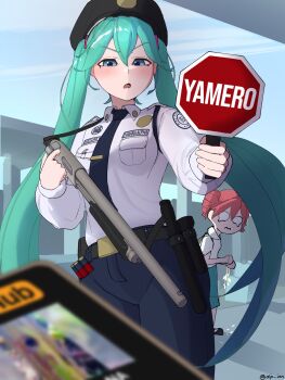 ammunition_pouch artist_name baton_(weapon) blue_eyes blue_hair cellphone dip_inn gun hatsune_miku highres holding holding_phone holding_road_sign holding_sign kasane_teto philippines phone pornhub pouch red_hair road_sign school_uniform security_guard shirt shotgun sign stop_sign twintails utau vocaloid weapon white_shirt