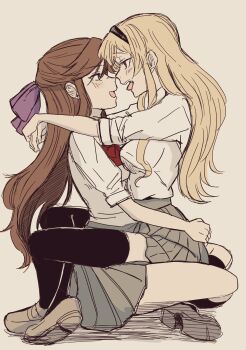 Rule 34 | 2girls, black hairband, black headband, blonde hair, bow, brown hair, hairband, headband, highres, light blush, long hair, looking at another, multiple girls, open mouth, purple bow, purple eyes, red eyes, saijo claudine, school uniform, shoujo kageki revue starlight, shoujo kageki revue starlight -re live-, sitting, sitting on lap, sitting on person, stare down, straddling, tendo maya, tongue, tongue out, yuri