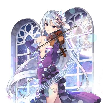 Rule 34 | 1girl, artemis (uchihime), bare legs, belt, blue hair, breasts, closed mouth, commentary request, crescent ornament, dress, elbow gloves, gem, gloves, holding, holding instrument, instrument, jewelry, levan, long hair, off shoulder, purple dress, purple eyes, purple gloves, small breasts, thigh belt, thigh strap, uchi no hime-sama ga ichiban kawaii, very long hair, violin, window