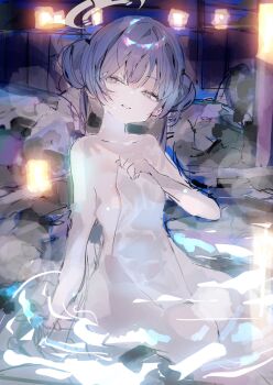 1girl binetsu_3_bina black_hair blue_archive commentary double_bun grey_eyes grey_halo hair_bun halo highres kisaki_(blue_archive) long_hair looking_at_viewer naked_towel onsen partially_submerged sitting sketch towel twintails