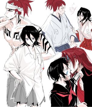 Rule 34 | abarai renji, bandaid, bandaid on cheek, bandaid on face, black hair, black jacket, black sailor collar, black serafuku, black shirt, bleach, blue headband, breasts, chest tattoo, collared shirt, couple, delinquent, dz sk7170, furrowed brow, gakuran, grey eyes, grey skirt, hair between eyes, headband, hetero, highres, jacket, japanese clothes, kiss, kuchiki rukia, long hair, necktie, official alternate costume, parted lips, pleated skirt, ponytail, red hair, red necktie, red shirt, sailor collar, school uniform, serafuku, shirt, short hair, shoulder tattoo, sideboob, skirt, sweatdrop, tattoo, topless male, white background, white headband, white shirt