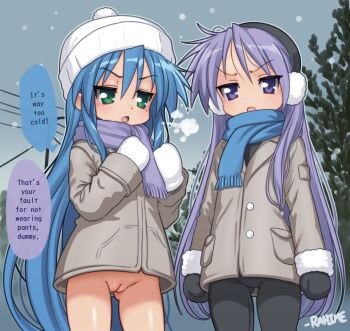 2girls absurdres arms_at_sides artist_name beanie black_mittens black_pants blue_hair blue_scarf blush bottomless breath buttons change_in_common_sense cleft_of_venus cloud cloudy_sky coat cold crotch day earmuffs english_text exhibitionism eyebrows fat_mons female_focus from_below gluteal_fold green_eyes grey_coat groin hat highres hiiragi_kagami huge_filesize izumi_konata jitome loli long_hair long_sleeves looking_at_another looking_at_viewer lucky_star matching_hair/eyes mittens mole mole_under_eye mons_pubis multiple_girls naked_coat open_mouth outdoors pants pocket power_lines public_indecency purple_eyes purple_hair purple_scarf pussy rahime scarf school_uniform sky snow snowflakes snowing speech_bubble standing thighs tree uncensored utility_pole watermark white_hat white_mittens winter_clothes