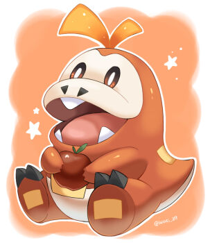 Rule 34 | animal focus, apple, artist name, bright pupils, brown eyes, commentary request, crocodilian, food, fruit, fuecoco, holding, holding food, iwasi 29, nintendo, no humans, open mouth, pokemon, pokemon (creature), red background, sitting, star (symbol), teeth, tongue, twitter username, two-tone background, white background