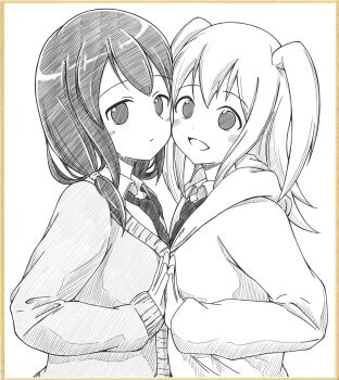 2girls :d azuminonomizua bad_id bad_twitter_id blush border brown_border cardigan cheek-to-cheek cheek_press collared_shirt greyscale hair_between_eyes happy heads_together highres hood hood_down hoodie long_hair long_sleeves looking_at_viewer low_twintails monochrome multiple_girls necktie nemoto_hina open_mouth palms_together school_uniform shikishi shirt sidelocks simple_background smile split_mouth tamura_yuri twintails two_side_up upper_body watashi_ga_motenai_no_wa_dou_kangaetemo_omaera_ga_warui! white_background