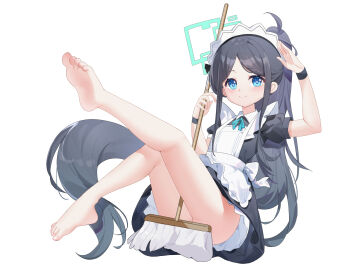 1girl apron aqua_halo aris_(blue_archive) aris_(maid)_(blue_archive) arm_up bare_legs barefoot between_legs black_dress black_hair blue_archive blue_eyes blue_pupils blue_ribbon closed_mouth collared_dress commentary convenient_censoring dress feet full_body halo hand_up high_ponytail highres holding holding_mop knees_up legs legs_up light_blush long_hair long_sidelocks looking_at_viewer maid maid_apron middle_part mofan_sama mop neck_ribbon nose_shade official_alternate_costume official_alternate_hairstyle parted_hair petticoat plantar_flexion ponytail puffy_short_sleeves puffy_sleeves reclining rectangular_halo ribbon ringed_eyes salute short_dress short_sleeves sidelocks simple_background smile soles solo split_mouth tareme upskirt variant_set very_long_hair white_background white_headdress wristband