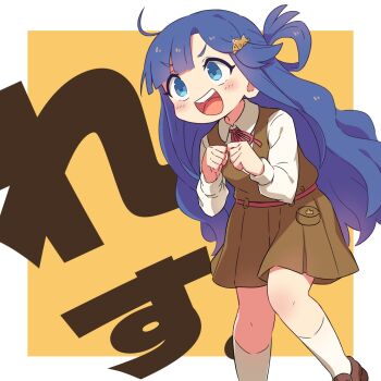 Rule 34 | 1girl, asari nanami, blue eyes, blue hair, blush, brown dress, brown shoes, collared shirt, commentary request, dress, fish hair ornament, hair ornament, highres, idolmaster, idolmaster cinderella girls, kneehighs, long hair, long sleeves, open mouth, shirt, shoes, socks, solo, taru haru, teeth, translation request, two-tone background, upper teeth only, very long hair, white shirt, white socks
