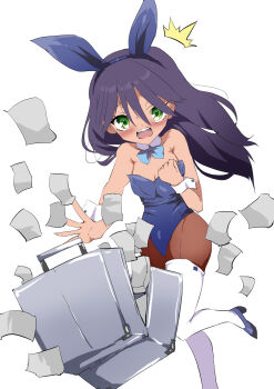 1girl ^^^ animal_ear_hairband animal_ears aqua_bow aqua_bowtie black_hair blue_leotard blue_shoes bow bowtie breasts brown_pantyhose commentary_request dark-skinned_female dark_skin detached_collar fake_animal_ears feet_out_of_frame green_eyes gundam gundam_gquuuuuux hairband high_heels highres leotard long_hair muu_rian nyaan_(gundam_gquuuuuux) open_mouth pantyhose paper playboy_bunny rabbit_ears shoes simple_background small_breasts solo strapless strapless_leotard suitcase teeth thighhighs upper_teeth_only white_background white_thighhighs wrist_cuffs