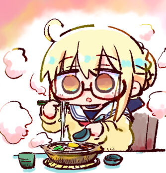 1girl :o ahoge artoria_pendragon_(fate) black-framed_eyewear blonde_hair blush braid brown_eyes brown_sweater chair chibi chopsticks commentary_request fate/grand_order fate_(series) food glasses hair_between_eyes hair_bun holding holding_chopsticks holding_spoon kasuga_yuuki long_sleeves lowres mysterious_heroine_x_alter_(fate) noodles on_chair parted_lips plastic_spoon puffy_long_sleeves puffy_sleeves sailor_collar school_uniform semi-rimless_eyewear serafuku solo spoon sweater under-rim_eyewear upper_body white_sailor_collar