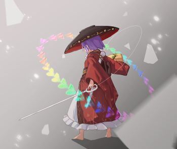 Rule 34 | 1girl, barefoot, bowl, bowl hat, commentary, from behind, full body, hat, highres, jager, japanese clothes, kimono, long sleeves, medium hair, mini person, miracle mallet, needle sword, purple hair, red kimono, solo, sukuna shinmyoumaru, touhou