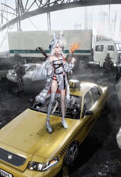 1girl 2boys absurdres accident acog animal_ear_fluff animal_ears assault_rifle asymmetrical_legwear backpack bag balcony bare_legs bare_shoulders black_bag black_bow black_footwear black_gloves black_headwear black_pants black_straps black_vest blue_bow boots bow box_truck braid breasts bridge broken_window bulletproof_vest burning car car_crash cigarette cloud cloudy_sky collarbone combat_helmet commentary_request crash dress dress_straps earrings elbow_pads fog ford_crown_victoria ford_crown_victoria_(2nd_generation) full_body gawako gloves goggles goggles_on_eyes grey_sky gun hair_bow headset helmet highres holding holding_paper jacket jewelry knee_pads laser_pointer load_bearing_equipment long_hair long_sleeves looking_at_object m4_carbine mask military military_combat_uniform military_operator military_uniform motor_vehicle mouth_mask multicolored_bow multiple_boys night-vision_device night_vision off-shoulder_jacket off_shoulder on_car original outdoors pants paper rabbit_ears railing red_eyes rifle road safety_glasses scope semi_truck shoes short_dress single_thighhigh sky sleeves_rolled_up small_breasts smoking soldier solo standing suppressor suspension_bridge tactical_clothes taxi thigh_boots thighhighs thighs traffic trailer trigger_discipline truck vest weapon weapon_on_back wheel white_dress white_footwear white_hair white_jacket white_thighhighs yellow_car