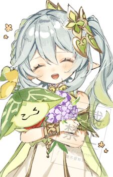 &gt;_&lt; 1girl ^_^ aranara_(genshin_impact) bare_shoulders blush bracelet closed_eyes commentary cross-shaped_pupils dress genshin_impact gold_trim gradient_hair green_hair hair_between_eyes hair_ornament highres holding jewelry long_hair looking_at_viewer milk3_252 multicolored_hair nahida_(genshin_impact) open_mouth pointy_ears side_ponytail simple_background sleeveless sleeveless_dress smile solo symbol-shaped_pupils teeth upper_teeth_only watermark white_background white_dress white_hair