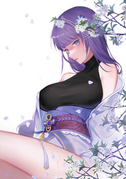 1girl absurdres bare_shoulders branch breasts closed_mouth commentary_request falling_petals floral_print flower genshin_impact highres japanese_clothes large_breasts long_hair looking_at_viewer obi obiage obijime petals purple_eyes purple_hair raiden_shogun sash simple_background sleeveless solo tassel wet white_background white_flower wyc_zz
