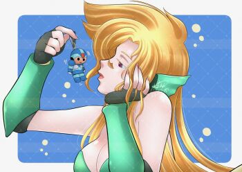 1girl bare_shoulders blonde_hair blue_background border breasts charm_(object) cleavage hand_on_own_face holding large_breasts lilinebaka marty_(mega_man) mega_man_(series) mega_man_x_(manga) mega_man_x_(series) mermaid monster_girl purple_eyes simple_background solo upper_body white_border