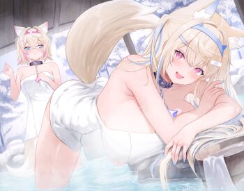 2girls animal_collar animal_ears bandaid bandaid_hair_ornament bent_over black_collar blonde_hair blue_eyes blue_hairband blue_streaks breasts collar commentary_request crossed_bangs day dog_ears dog_girl dog_tail double-parted_bangs fake_horns fuwawa_abyssgard hair_between_eyes hair_intakes hair_ornament hairband hairclip hololive hololive_english horn_hairband horns kei_(keiillustrator) large_breasts long_hair looking_at_another looking_at_viewer mococo_abyssgard multicolored_hair multiple_girls naked_towel onsen paid_reward_available parallel_hairclips pink_eyes pink_hairband pink_streaks pout short_hair siblings sisters small_breasts snow spiked_collar spikes steam streaked_hair tail towel twins two_side_up virtual_youtuber wading x_hair_ornament