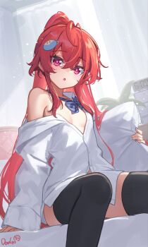 1girl :o artist_name black_socks bow bowtie clock curtains dango_remi digital_clock hair_ornament holding holding_pillow indoors long_hair looking_at_viewer naked_shirt open_mouth original pillow ponytail purple_eyes red_hair shirt sitting socks striped_bow tagme watermark window