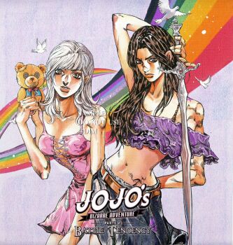2girls araki_hirohiko_(style) battle_tendency bird blunt_bangs breasts brown_eyes brown_hair button_eyes buttons cleavage cleavage_cutout clothing_cutout clothing_request copyright_name dim_7976 dove dress hair_behind_ear hashtag-only_commentary highres holding holding_stuffed_toy holding_weapon jojo_no_kimyou_na_bouken long_hair looking_at_viewer midriff multiple_girls navel nose original parted_lips photo-referenced pink_dress rainbow stuffed_animal stuffed_toy swept_bangs sword teddy_bear weapon white_hair