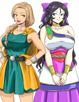 2girls :d alternate_costume anbj belt bianca_(dq5) bianca_(dq5)_(cosplay) blue_eyes bow bracelet braid breasts brown_eyes brown_hair cape character_request choker commentary_request cosplay cosplay_request dragon_quest dragon_quest_v earrings flora_(dq5) flora_(dq5)_(cosplay) hands_on_own_hips idolmaster idolmaster_cinderella_girls jewelry large_breasts long_hair matsunaga_ryo medium_breasts multiple_girls open_mouth purple_bow smile standing sugisaka_umi very_long_hair white_background yellow_cape