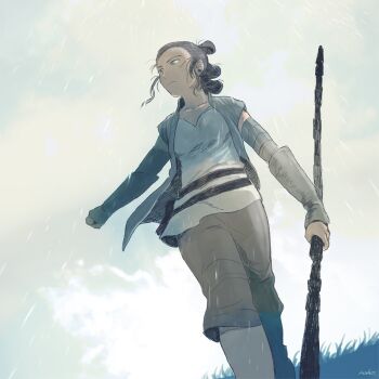 Rule 34 | 1girl, animification, cloud, dutch angle, matsuri6373, rain, rey (star wars), science fiction, serious, signature, staff, star wars, star wars: the force awakens, star wars: the last jedi, vest
