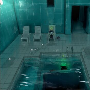 1girl backrooms_(creepypasta) black_shoes blue_archive chair commentary demon_tail dream_pool green_hair green_halo halo hat highres hugging_own_legs indoors liminal_space long_hair lounge_chair medama_soft nozomi_(blue_archive) on_chair pantyhose pool pool_ladder sad scenery shoes solo tail tile_floor tile_wall tiles twintails unworn_hat unworn_headwear water white_pantyhose wide_shot yellow_eyes