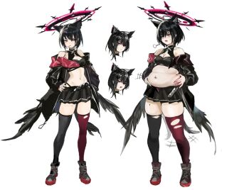 1girl animal_ear_fluff animal_ears asymmetrical_legwear belly_grab black_hair black_jacket black_panties black_skirt black_thighhighs black_tube_top black_wings breasts cleavage detached_collar feathered_wings goti_(gotie23) grey_shoes halo hand_on_own_hip hands_on_own_stomach highleg highleg_panties jacket lollipop_in_mouth low_wings mismatched_legwear mole mole_on_thigh navel navel_piercing off-shoulder_jacket off_shoulder open_clothes open_jacket original panties piercing pink_eyes plump red_thighhighs reference_sheet shoes short_hair skirt small_breasts solo standing strapless thighhighs torn_clothes torn_thighhighs tube_top underwear weight_gain whale_tail_(clothing) white_background wings
