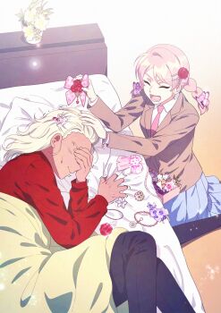 1boy 1girl bed black_socks blonde_hair blue_skirt braid brother_and_sister brown_jacket closed_eyes embarrassed gguck gouenji_shuuya gouenji_yuuka hair_ornament highres inazuma_eleven_(series) inazuma_eleven_go jacket lying necktie on_bed on_side open_mouth pink_hair pleated_skirt red_jacket shirt siblings skirt smile socks twin_braids white_shirt