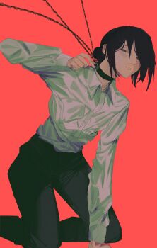 1girl absurdres black_choker black_hair black_pants chainsaw_man choker closed_mouth grenade_pin grey_eyes grey_shirt hair_bun highres long_sleeves looking_at_viewer pants red_background reze_(chainsaw_man) shinzzrl shirt shirt_tucked_in simple_background solo