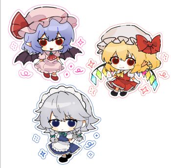 3girls apron ascot bat_wings between_fingers blonde_hair blue_dress blue_eyes blue_hair blush bow braid brooch chibi chibi_only chinese_commentary chunye_xiuluo closed_mouth collared_shirt commentary_request crystal crystal_wings dress fang fang_out flandre_scarlet frilled_shirt_collar frills frown full_body green_bow grey_hair hair_bow hat hat_bow hat_ribbon highres holding holding_knife izayoi_sakuya jewelry knife knives_between_fingers long_hair looking_at_viewer maid maid_headdress mob_cap multicolored_wings multiple_girls one_side_up open_mouth pinafore_dress pink_dress pink_hat pointy_ears puffy_short_sleeves puffy_sleeves red_ascot red_bow red_eyes red_shoes red_skirt red_vest remilia_scarlet ribbon shirt shoes short_sleeves siblings simple_background sisters skirt skirt_set sleeveless sleeveless_dress smile touhou twin_braids vest waist_apron white_apron white_background white_hat white_shirt wings yellow_ascot