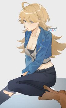 Rule 34 | 1girl, absurdres, ahoge, black pants, blonde hair, blue eyes, blue jacket, boots, breasts, brown boots, christine (lazarus), cleavage, commentary request, denim, earrings, foot out of frame, highres, jacket, jeans, jewelry, knowname, large breasts, lazarus, lipstick, long hair, long sleeves, makeup, midriff, pants, parted lips, red lips, simple background, sitting, solo, torn clothes, torn jeans, torn pants, twitter username