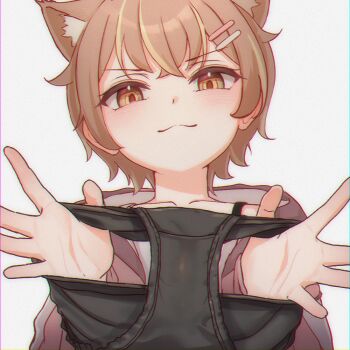 >:) ‌chromatic_aberration 1girl animal_ears annin_miru black_panties blonde_hair brown_eyes brown_hair cat_ears cat_girl extra_ears holding holding_panties holding_underwear holding_unworn_clothes hood hood_down hoodie indie_virtual_youtuber multicolored_hair panties presenting_removed_panties runoe_305 short_hair smug solo stained_panties streaked_hair underwear v-shaped_eyebrows virtual_youtuber