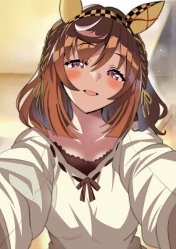 1girl animal_ears blush braid breasts brown_hair buena_vista_(casual)_(umamusume) buena_vista_(umamusume) casual checkered_hairband collarbone ear_covers hair_between_eyes hairband highres horse_ears horse_girl long_hair long_sleeves looking_at_viewer muku_(yx388140p15) open_mouth purple_eyes reaching reaching_towards_viewer smile solo sweater umamusume white_sweater yellow_hairband