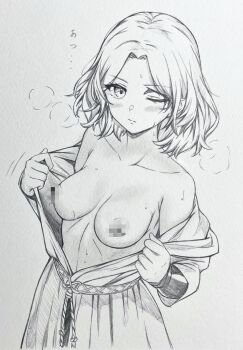 1girl bare_shoulders blush breasts censored censored_nipples collarbone commentary_request elden_ring graphite_(medium) greyscale highres medium_breasts medium_hair melina_(elden_ring) monochrome mosaic_censoring one_eye_closed pulling_own_clothes scar seishun_dendeke solo standing traditional_media