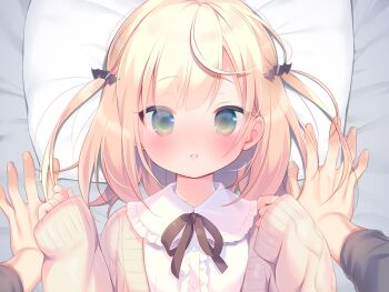 1boy 1girl bat_hair_ornament blonde_hair blush cardigan collared_shirt couple game_cg green_eyes hair_ornament hetero large_variant_set loli long_sleeves looking_at_viewer lying mainichi_kiss_shite_lolita mihato_(mainichi_kiss_shite_lolita) neck_ribbon non-web_source on_back parted_lips pillow piyodera_mucha pov pov_hands ribbon shirt short_hair sleeves_past_wrists solo_focus two_side_up upper_body variant_set