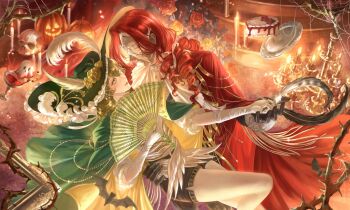 1boy 1girl aleph_(reverse:1999) alternate_costume arm_around_waist artist_request black_gloves black_shorts brown_hair cake candle cape chandelier commission covered_face cracked_mask drill_hair face-to-face facing_another feet_out_of_frame fire flower folding_fan food gloves green_cape green_eyes green_hat grey_mask hand_fan hat hat_feather hetero highres holding holding_fan holding_hands holding_quill jack-o'-lantern long_hair looking_at_another official_alternate_costume pantyhose picture_hat plate quill recoleta_(reverse:1999) red_cape red_hair reverse:1999 rose second-party_source shirt short_hair short_sleeves shorts silk skull spider_web thorns white_pantyhose white_shirt