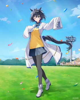 1girl agnes_tachyon_(tach-nology)_(umamusume) agnes_tachyon_(umamusume) agnes_tachyon_(umamusume)_(cosplay) ahoge animal_ears blue_eyes blue_hair bow bow_earrings breasts chain chain_headband coat commentary cosplay earrings english_commentary extra_ears hair_between_eyes hair_intakes heart-shaped_gem highres hololive hololive_english horse_ears horse_girl horse_tail jellyfish_cut jewelry lab_coat large_breasts long_hair long_sleeves looking_at_viewer miyanami_3 official_art one_eye_closed ouro_kronii pantyhose ribbon_earrings shirt short_hair sleeves_past_fingers sleeves_past_wrists smile solo sweater sweater_vest tail umamusume virtual_youtuber white_coat yellow_sweater yellow_sweater_vest