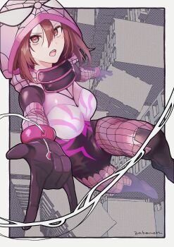 Rule 34 | 1girl, black bodysuit, bodysuit, breasts, brown eyes, brown hair, deadpool (series), fishnet pantyhose, fishnets, hida haruka, highres, hood, hood up, hooded bodysuit, looking at viewer, marvel, medium breasts, multicolored bodysuit, open mouth, pantyhose, pink bodysuit, sakura spider, shonen jump, short hair, shounen jump, shueisha, silk, solo, spider-man (series), spider-verse, spider-verse (comics), spider web, spider web print, superhero costume, two-tone bodysuit, zakometti