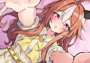 1girl blush brown_hair copano_rickey_(umamusume) dress greyscale hair_between_eyes highres horse_girl long_hair looking_at_viewer lying monochrome multicolored_hair neckerchief on_back open_mouth purple_eyes reaching reaching_towards_viewer short_sleeves solo striped_clothes striped_dress tiara_(871220) two-tone_hair umamusume white_dress yellow_neckerchief