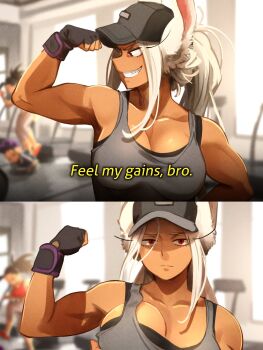1boy 2girls biceps black_hair black_tank_top boku_no_hero_academia breast_focus breasts can_i_touch_it?_(meme) collarbone dark-skinned_female dark_skin english_text fingerless_gloves flexing frown gloves grabbing_another&#039;s_breast grey_tank_top groping groping_breast gym hat highres indoors khyle. large_breasts long_eyelashes long_hair looking_at_viewer mineta_minoru mirko multiple_girls ponytail purple_hair rabbit_ears red_eyes smile tank_top teeth treadmill unamused white_hair yaoyorozu_momo