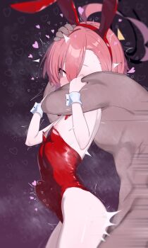 1boy 1girl absurdres animal_ears asphyxiation blue_archive braid fake_animal_ears flat_chest hetero highres loli neru_(blue_archive) neru_(bunny)_(blue_archive) playboy_bunny rabbit_ears red_eyes red_hair sex sex_from_behind single_braid solo_focus stomach_bulge tai_mian_meng_meng