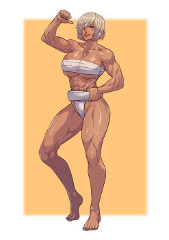 1girl abs absurdres arm_up bandages biceps breasts budget_sarashi chest_sarashi cirenk collarbone dark-skinned_female dark_skin female_focus full_body grin hair_over_one_eye hand_on_own_hip highres huge_breasts looking_at_viewer mawashi muscular muscular_female muscular_legs parted_lips pointing pointing_at_self sarashi shiny_skin short_hair skindentation smile solo standing thighs underwear